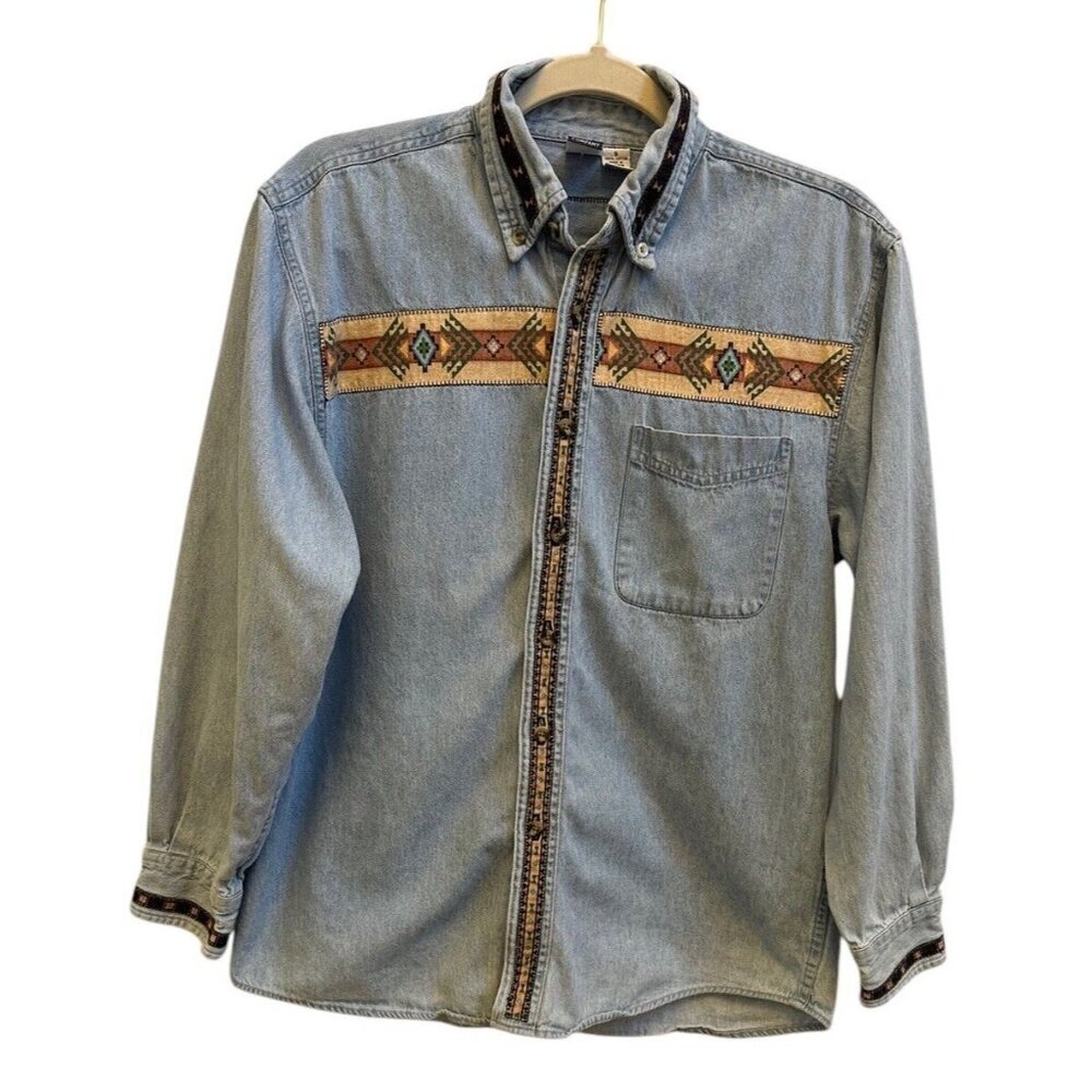 Vintage Denim Aztec Ribbon Trim Button Front Shirt Womens Sz‎ Small Western